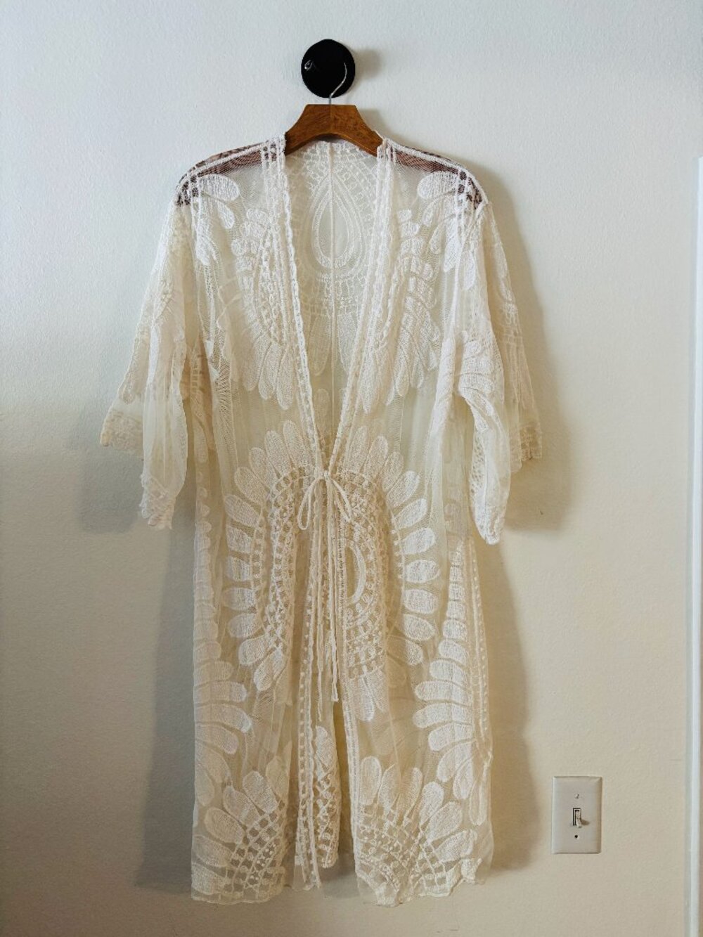 Boho Ivory Floral Lace Kimono Beach Cover-Up - Crochet Cardigan - OS